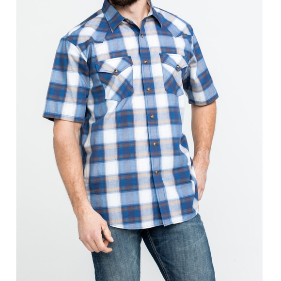 Pendleton Men's Frontier medium short sleeve blue plaid button up shirt - Picture 7 of 7